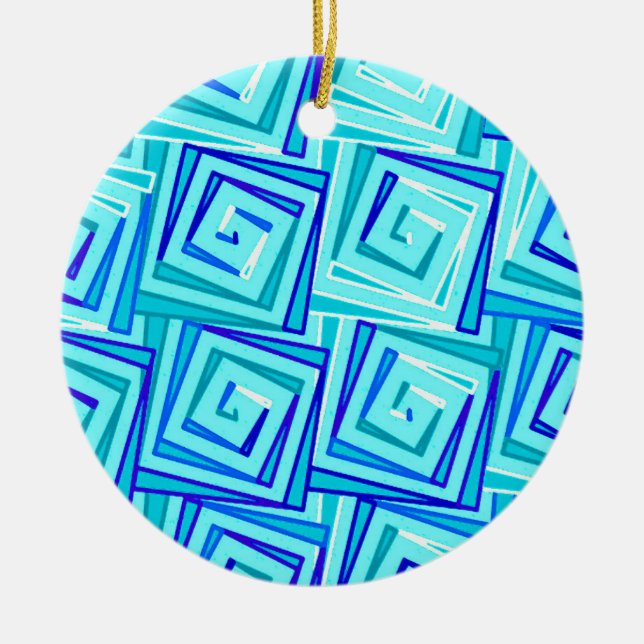 Mid-Century Modern square spirals - aqua multi Ceramic Tree Decoration (Front)