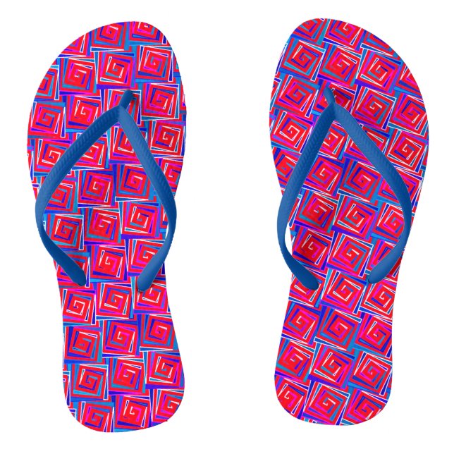 Mid-Century Modern square spirals - red multi Flip Flops (Footbed)