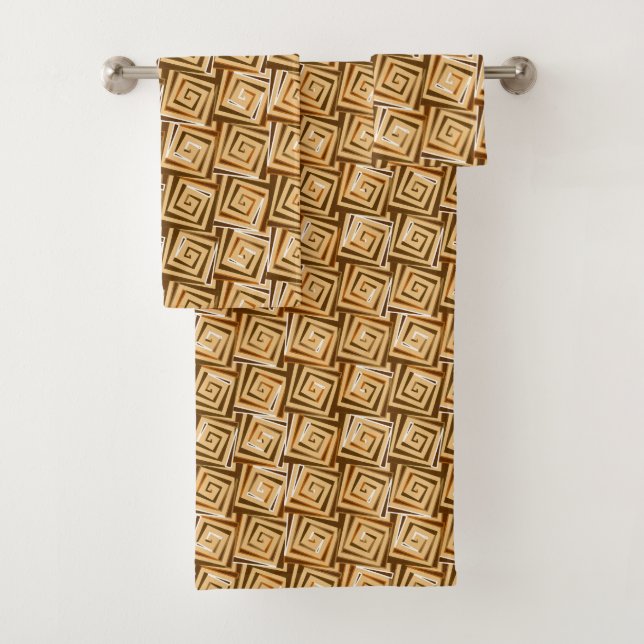 Mid-Century Modern Square Spirals, Tan and Brown Bath Towel Set (Insitu)