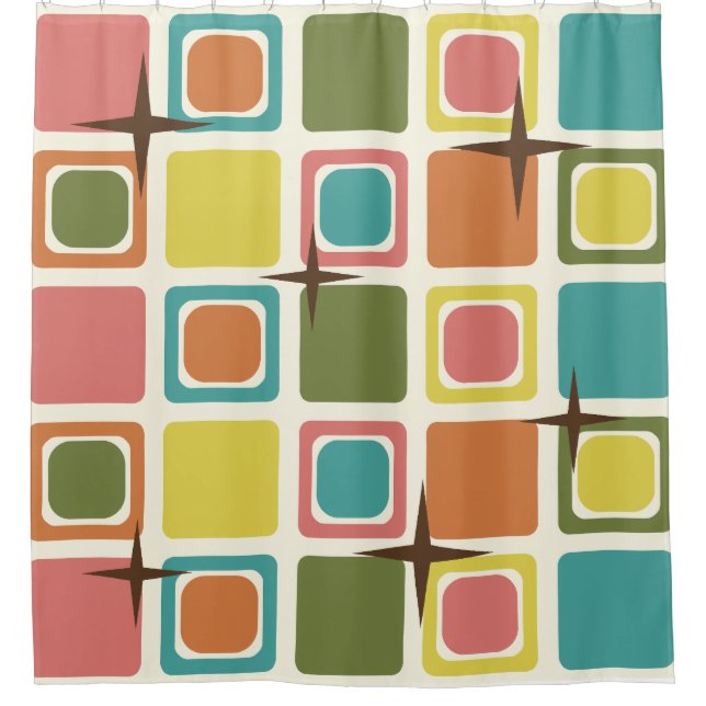 Mid Century Modern Squares Colourful Shower Curtain (Front)
