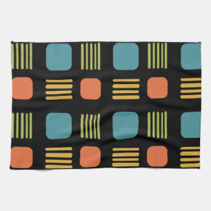 Mid-Century Modern Squares Lines Dark Colourful Tea Towel