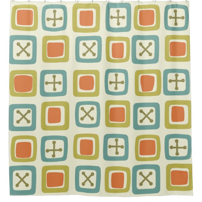 Mid Century Modern Squares Lines Green Orange Blue Shower Curtain (Front)