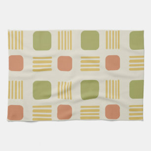 Mid-Century Modern Squares Lines Orange Green Tea Towel