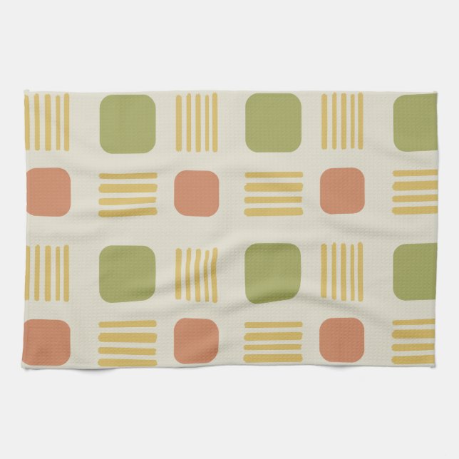 Mid-Century Modern Squares Lines Orange Green Tea Towel (Horizontal)