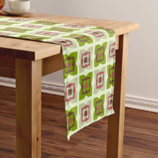 Mid Century Modern Squares Pattern Green Short Table Runner (In Situ)