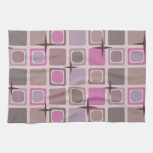 Mid Century Modern Squares Stars Pink Purple Tea Towel