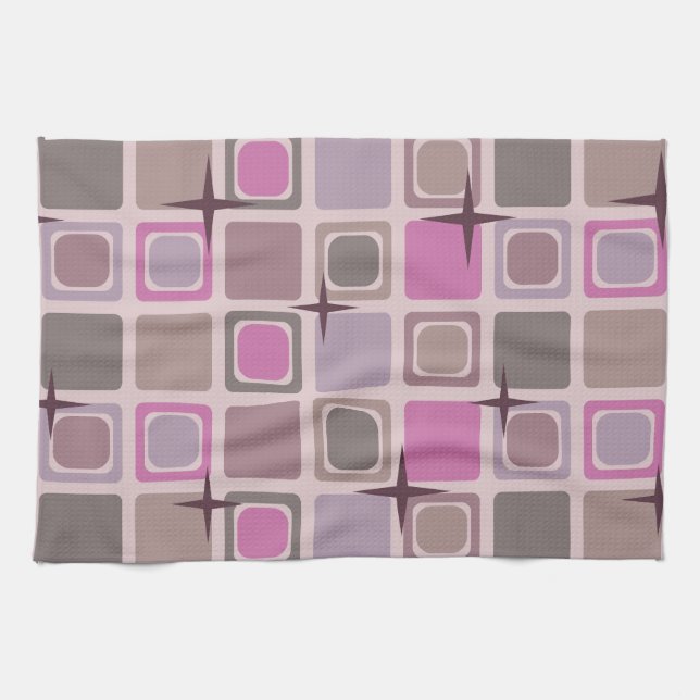 Mid Century Modern Squares Stars Pink Purple Tea Towel (Horizontal)