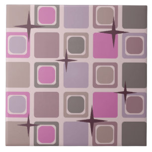 Mid Century Modern Squares Stars Pink Purple Tile