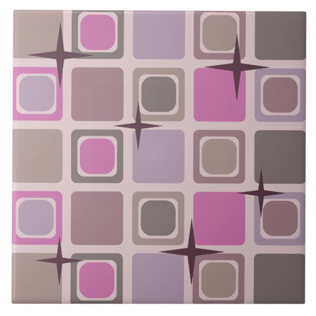 Mid Century Modern Squares Stars Pink Purple Tile (Front)