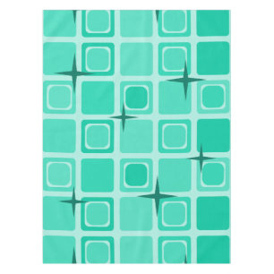 Mid Century Modern Squares Stars Teal Tablecloth