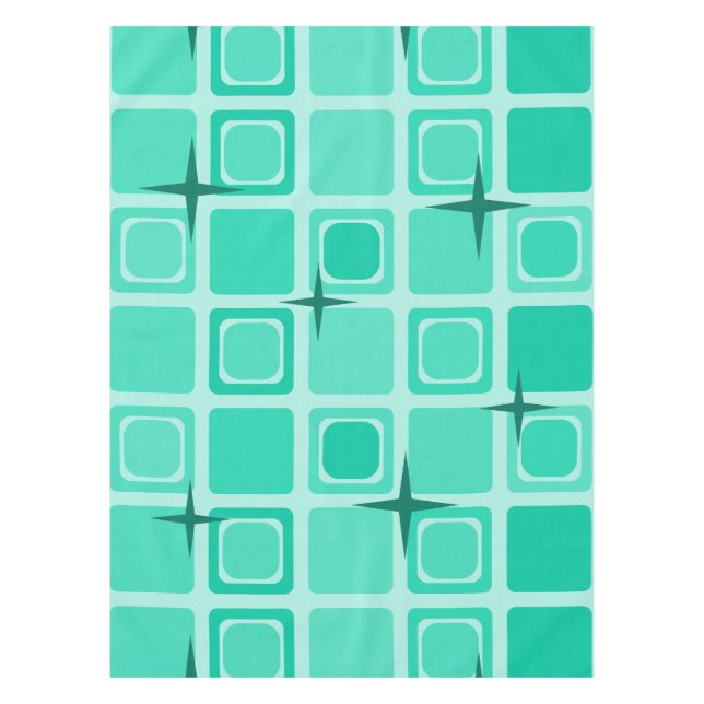 Mid Century Modern Squares Stars Teal Tablecloth (Front)