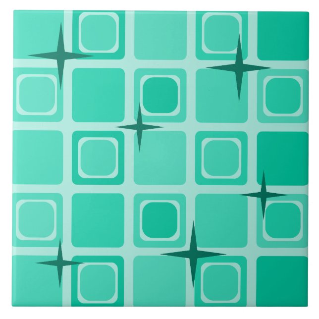 Mid Century Modern Squares Stars Teal Tile (Front)