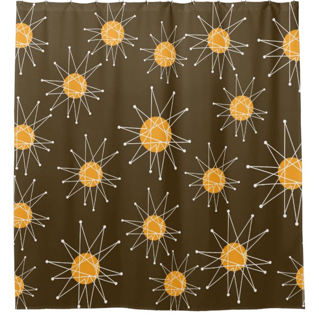 Mid-Century Modern Starburst Pattern Brown Shower Curtain (Front)