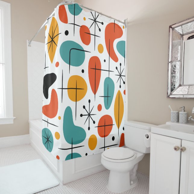 Mid Century Modern Starburst Pattern Shower Curtain (In Situ)