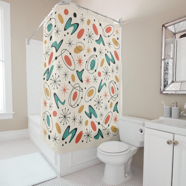 Mid Century Modern Starburst Pattern Shower Curtain (In Situ)