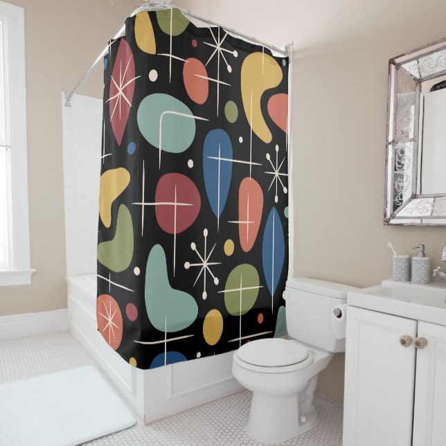 Mid Century Modern Starburst Pattern Shower Curtain (In Situ)