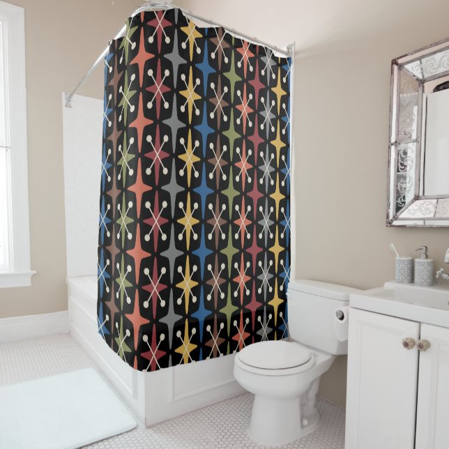 Mid Century Modern Starburst Pattern Shower Curtain (In Situ)