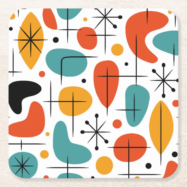 Mid Century Modern Starburst Pattern Square Paper Coaster (Front)