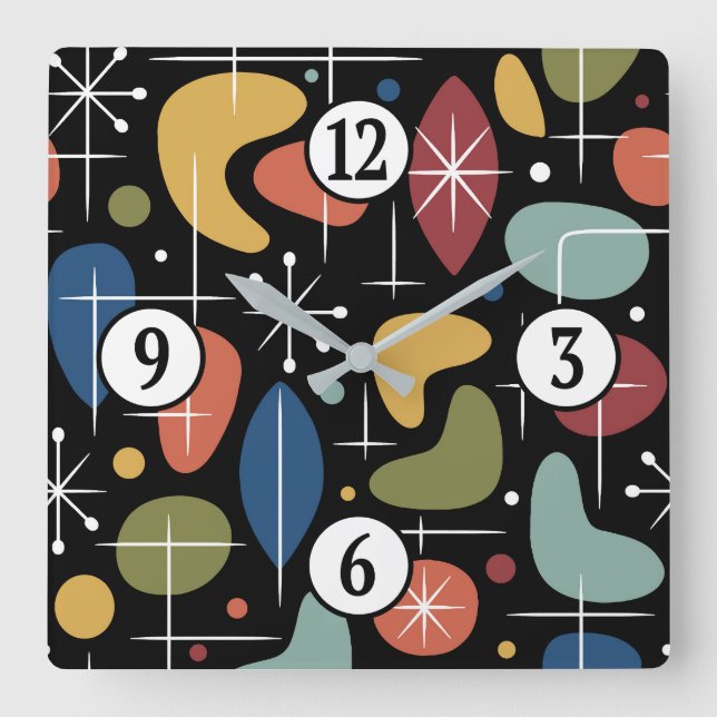 Mid Century Modern Starburst Pattern Square Wall Clock (Front)