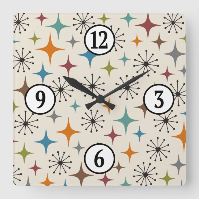 Mid Century Modern Starburst Pattern Square Wall Clock (Front)