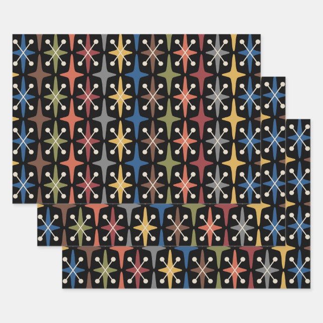 Mid Century Modern Starburst Pattern Wrapping Paper Sheet (Set)