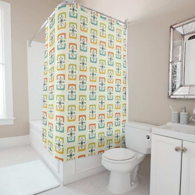 Mid Century Modern Starburst Shells Shower Curtain (In Situ)