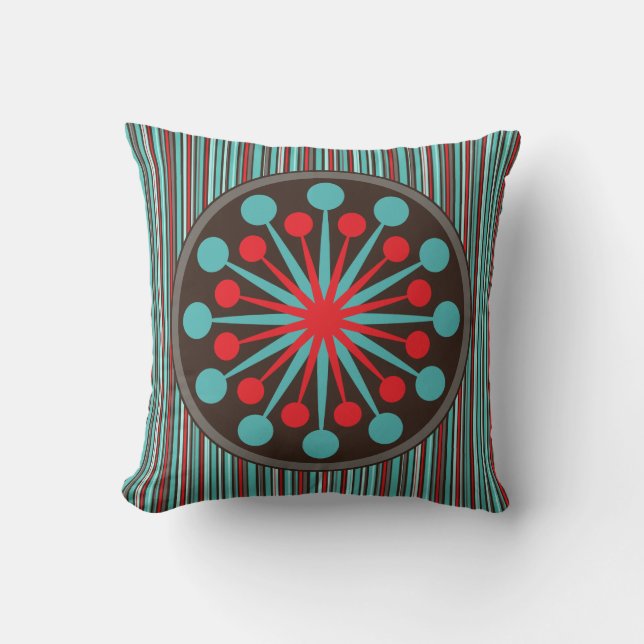Mid Century Modern Starburst Turquoise Red Stripe Cushion (Front)