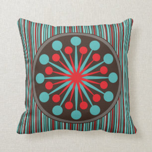 Mid Century Modern Starburst Turquoise Red Stripe Cushion