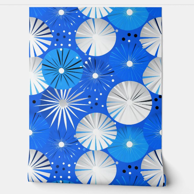Mid Century Modern Starbursts Blue and White Wallpaper (Unrolling)