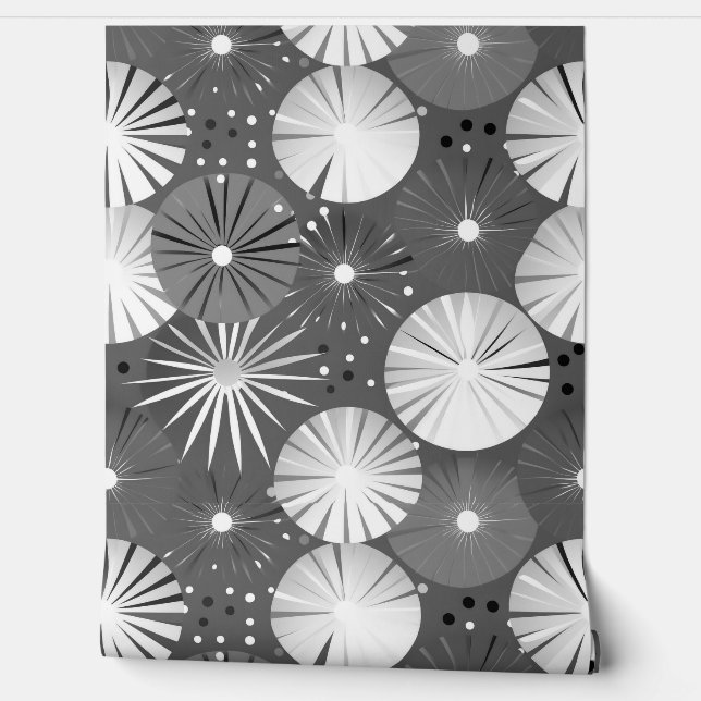 Mid Century Modern Starbursts Grey and White Wallpaper (Unrolling)
