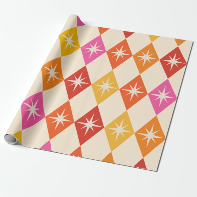Mid Century Modern Starbursts on Retro Diamonds Wrapping Paper (Unrolled)