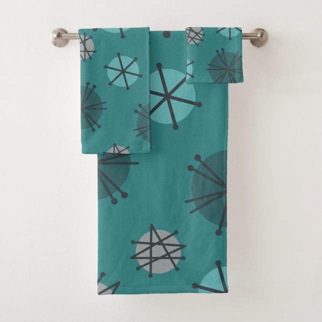 Mid Century Modern Starbursts Teal Bath Towel Set (Insitu)