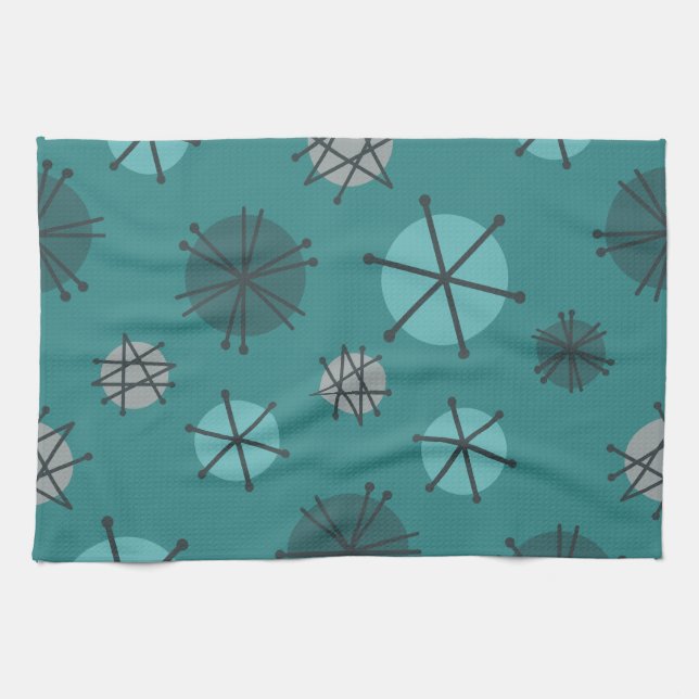 Mid Century Modern Starbursts Teal Tea Towel (Horizontal)