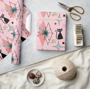 Mid Century Modern Stars and Cats Pattern Pink Wrapping Paper