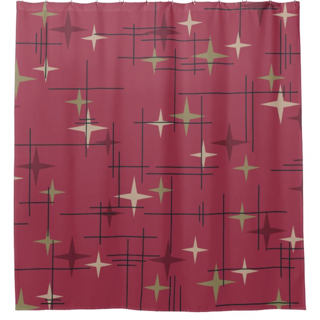 Mid Century Modern Stars Maroon Shower Curtain (Front)