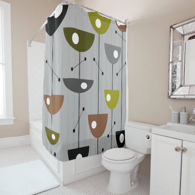 Mid-century Modern Stick Flowers Shower Curtain (In Situ)