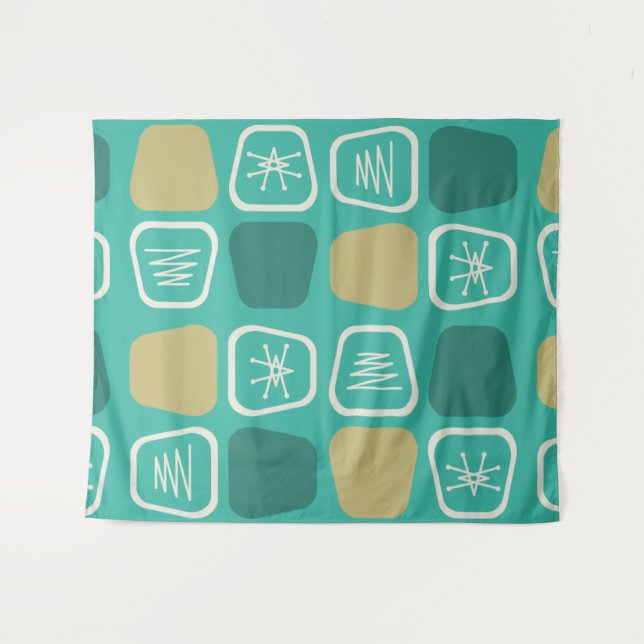 Mid Century Modern Stretched Squares Turquoise Tapestry (Front (Horizontal))