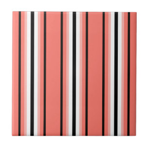 Mid-Century Modern Stripes, Coral, Black & White  Tile