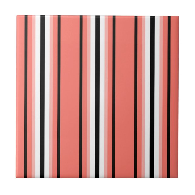 Mid-Century Modern Stripes, Coral, Black & White  Tile (Front)