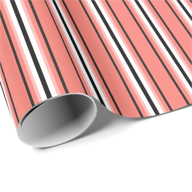 Mid-Century Modern Stripes, Coral, Black & White Wrapping Paper (Roll Corner)