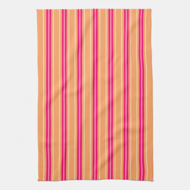 Mid-Century Modern Stripes, Fuchsia Pink & Orange  Tea Towel (Vertical)