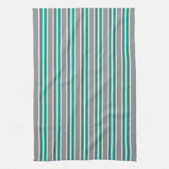 Mid-Century Modern Stripes, Grey and Turquoise  Tea Towel (Vertical)