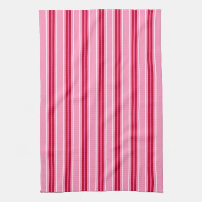 Mid-Century Modern Stripes, Pink and  Burgundy  Tea Towel (Vertical)