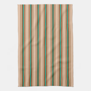 Mid-Century Modern Stripes, Tan. Brown and Aqua  Tea Towel