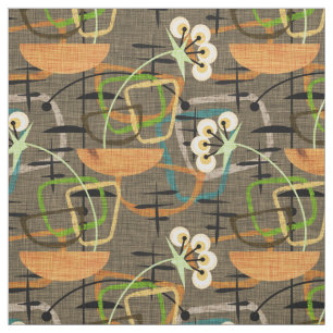 Mid Century Modern Style   Flowers in Wood Bowls Fabric