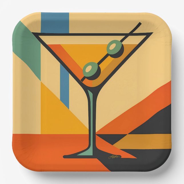 Mid Century Modern Sunrise Bauhaus Martini Paper Plate (Front)