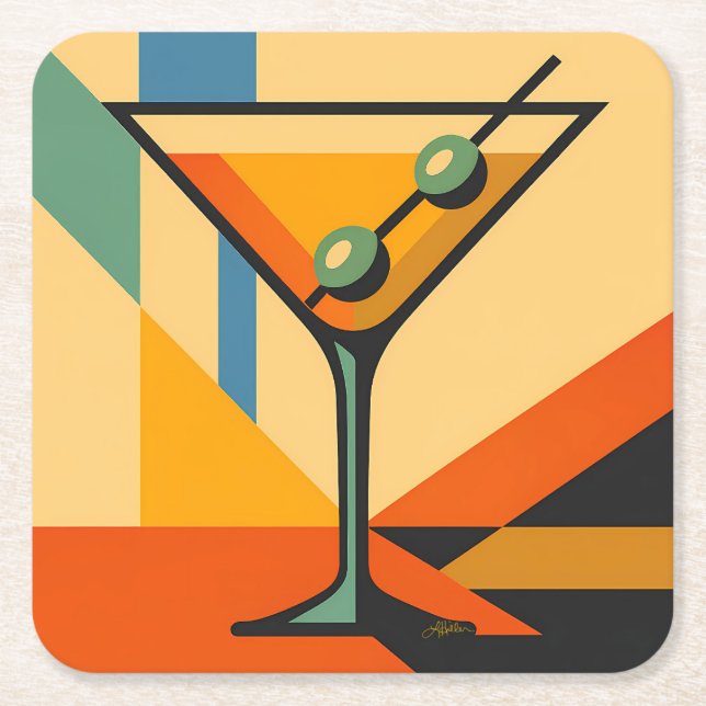 Mid Century Modern Sunrise Bauhaus Martini Square Paper Coaster (Front)