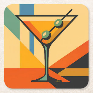 Mid Century Modern Sunrise Bauhaus Martini Square Paper Coaster
