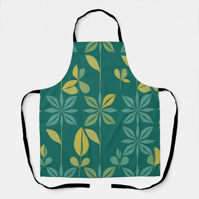 Mid-Century Modern Teal Botanical Geometric Leaf Apron (Front)