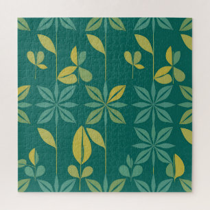 Mid-Century Modern Teal Botanical Geometric Leaf Jigsaw Puzzle